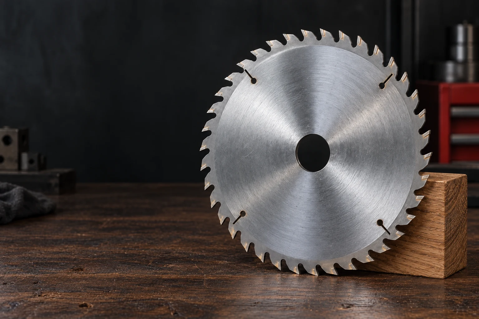 Carbide saw blade resting against an oak block on a wooden workbench